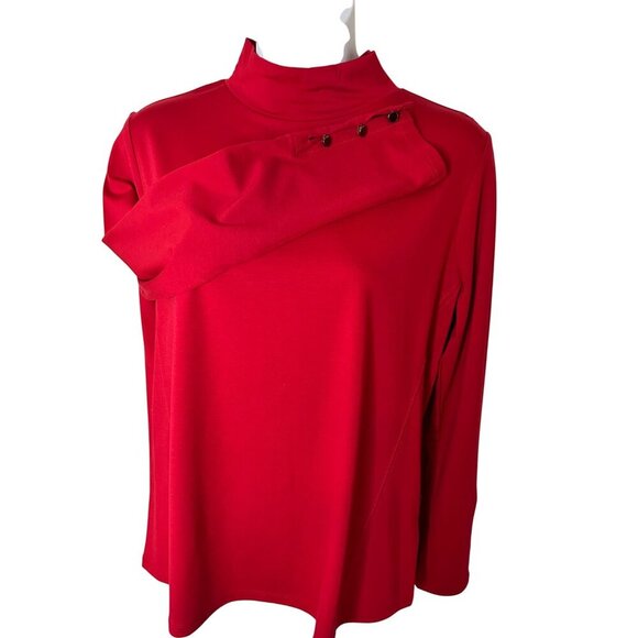 Mock Neck Red Long Sleeve Top With Button Accent On Shoulder Petite Medium Sleek - Picture 2 of 11